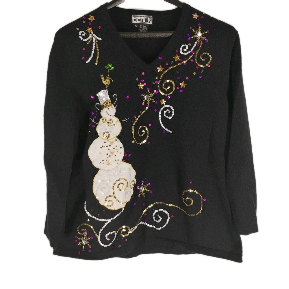 Berek Womens‎ XL Christmas Snowman Embellished Vintage Vneck Sweater